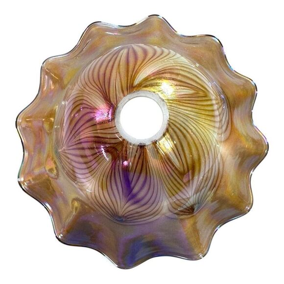 Vtg Large 15" Iridescent Pulled Feather Art Glass Lampshade Ruffled Shade - Picture 3 of 15